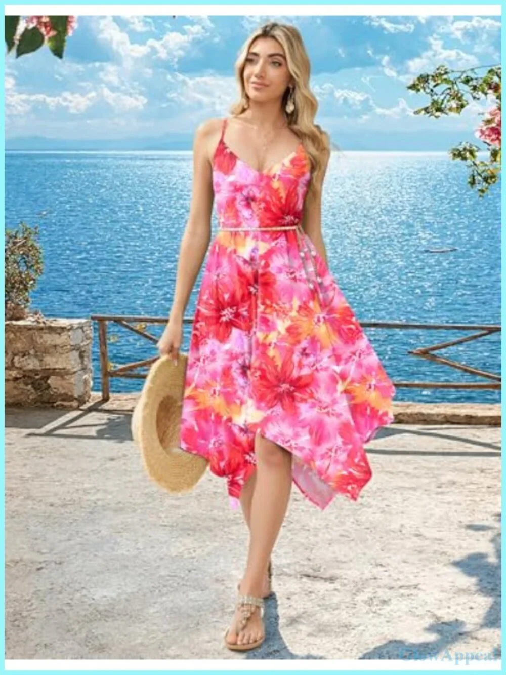 Boho Spaghetti Strap Midi Sundress with Deep V-Neck, Flowy Ruffle Hem,